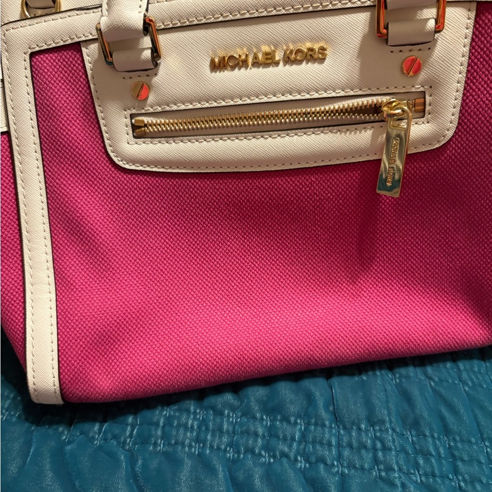 Michael Kors Fuchsia and White Satchel pre owned
